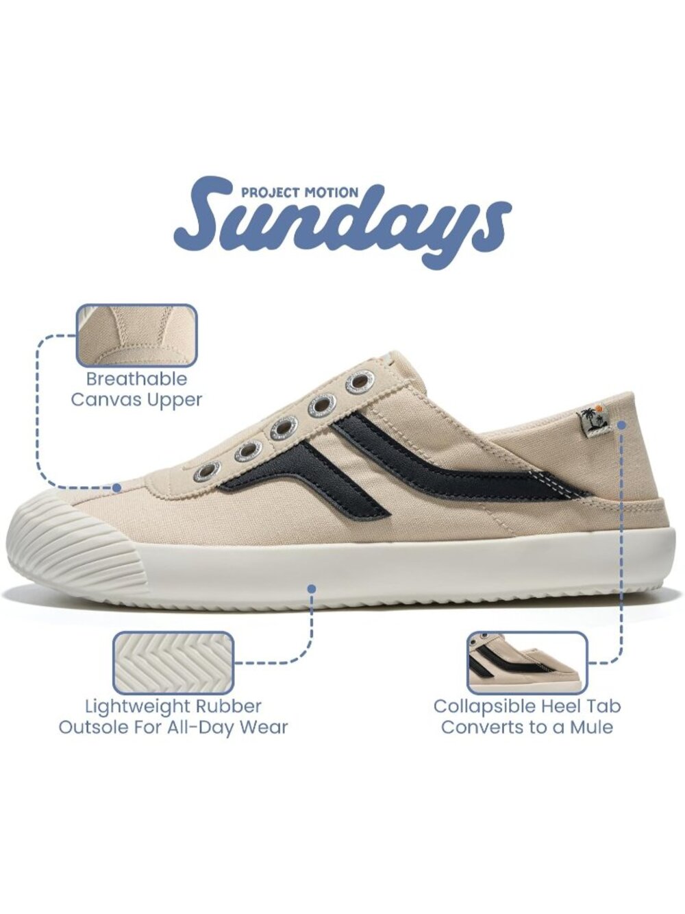 Women's Oatmeal Black Memory Foam Insole Backless Mule Canvas Sneaker Shoes - Picture 3 of 5